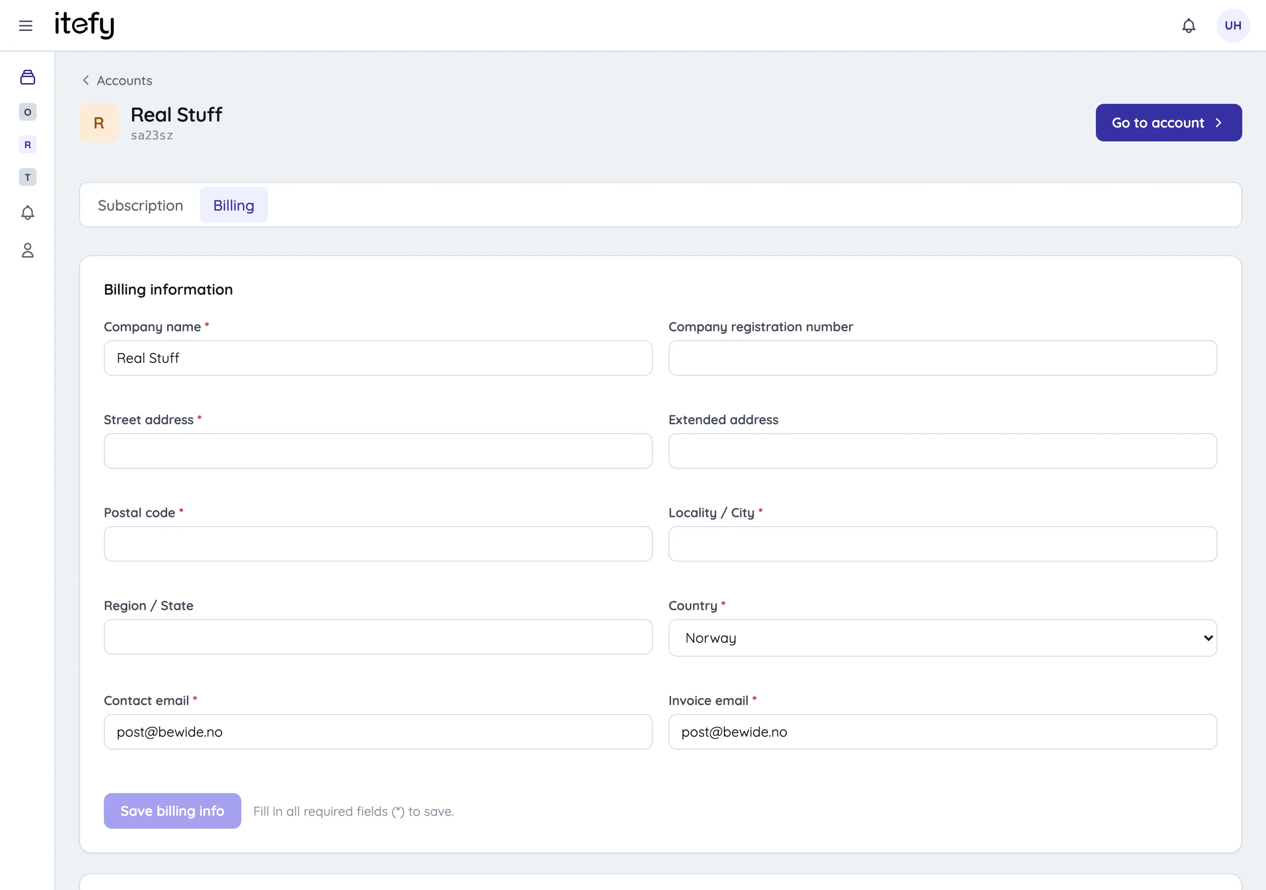 Billing section of the account manage page with billing information, payment cards and an invoice list