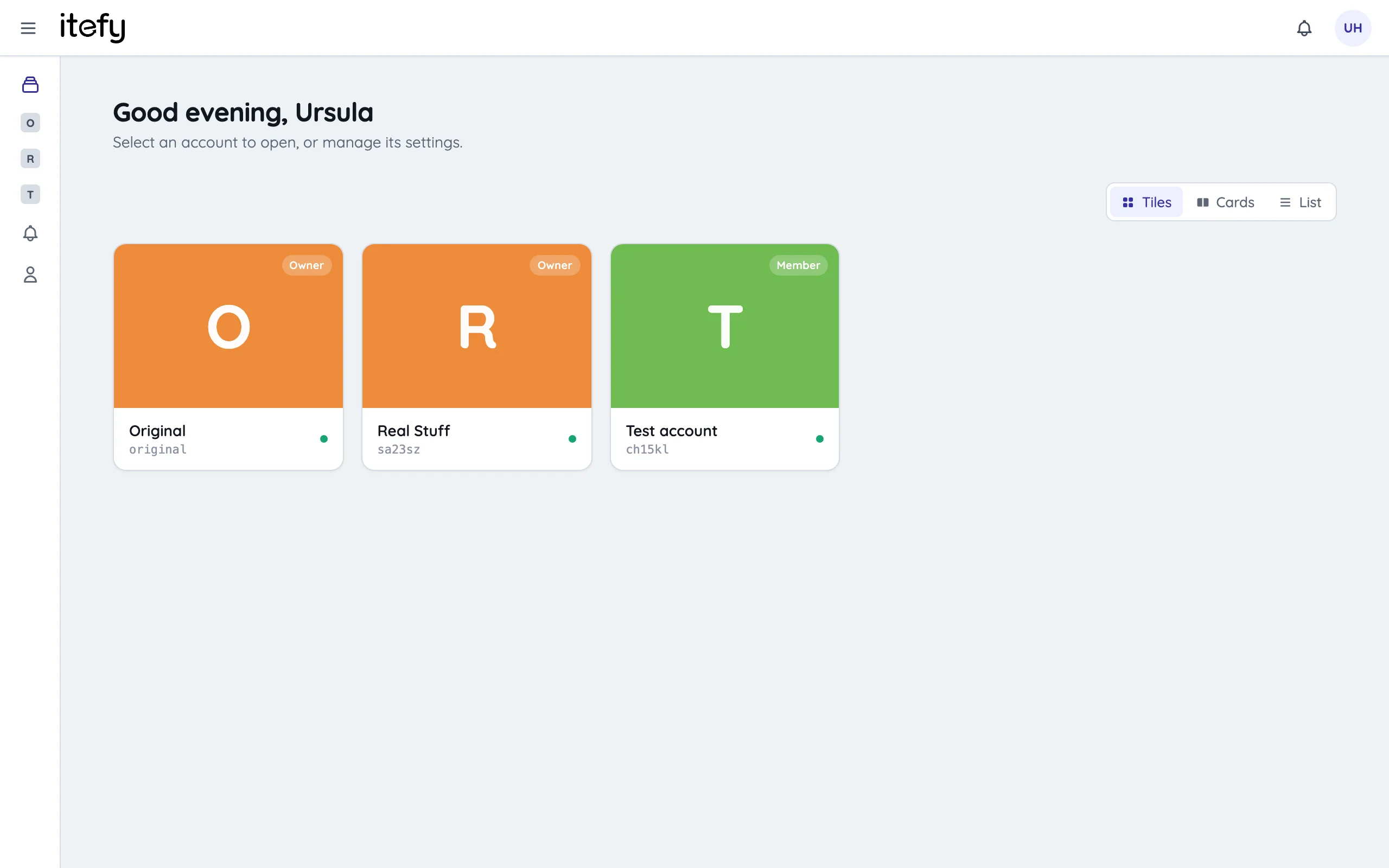 Accounts page listing your Itefy accounts with Open and Manage buttons