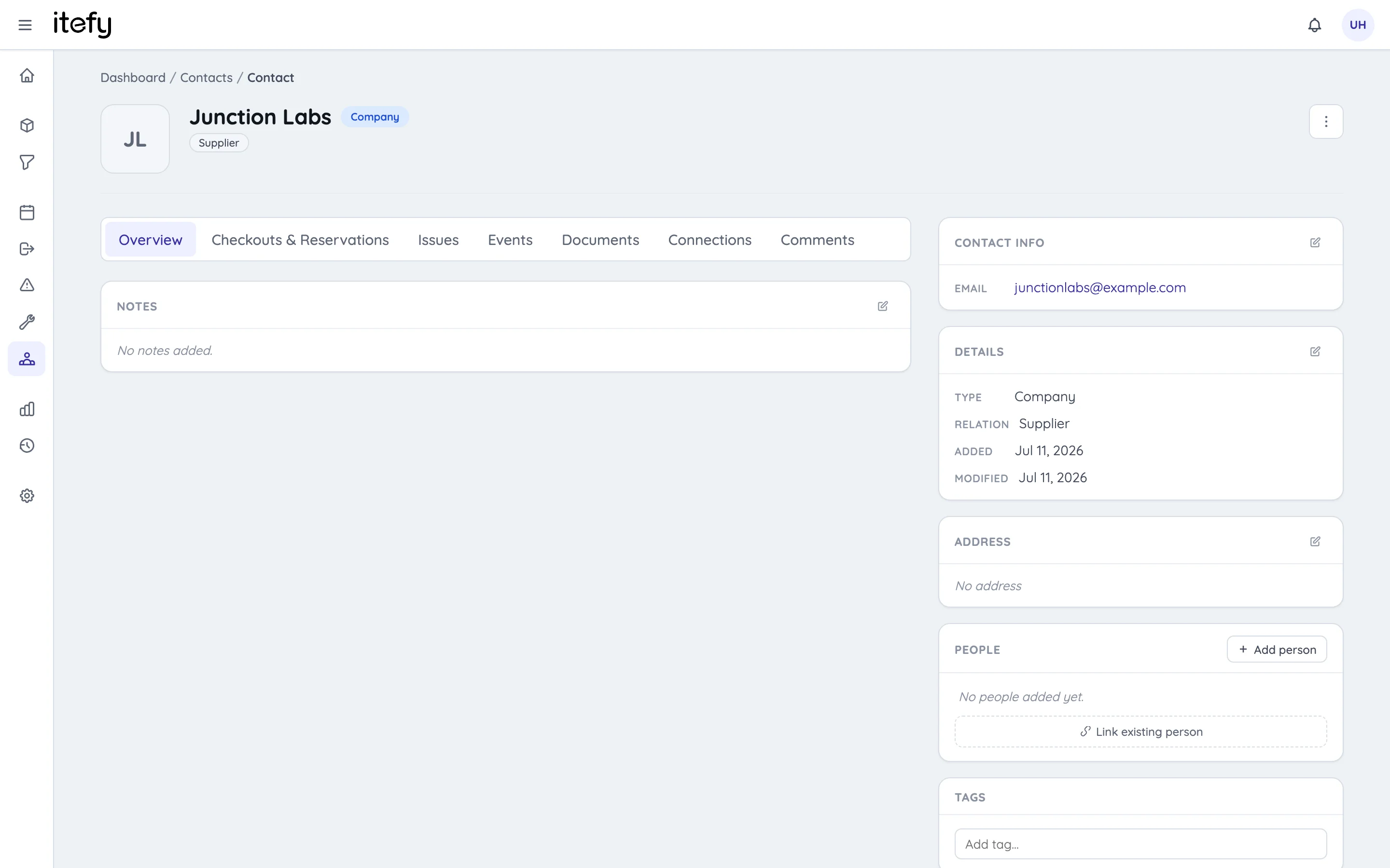 Contact page with the contact's name and photo in the header, tabs for activity, and sidebar cards for contact info, details and address