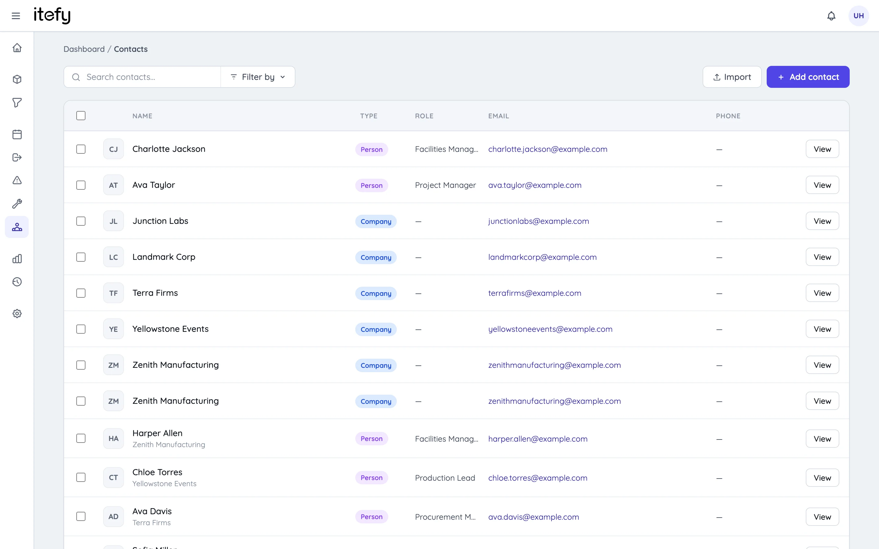 Contacts list showing companies and people with type badges and contact details