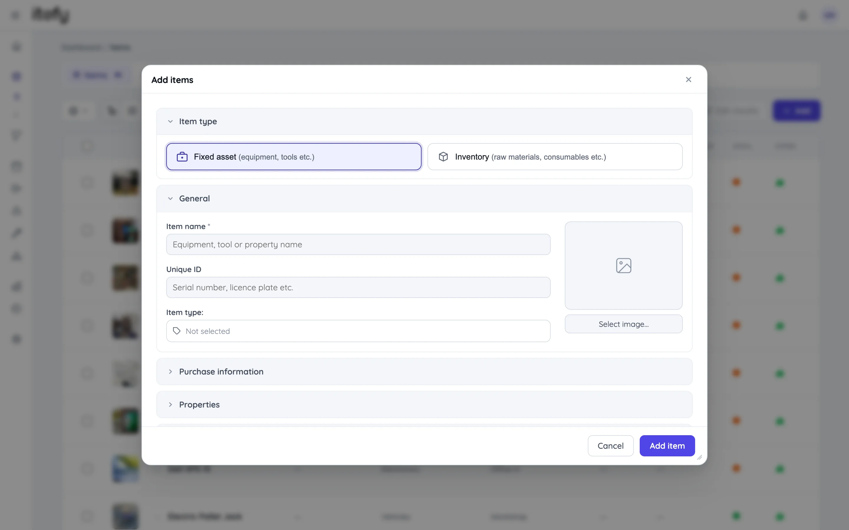 Add items form with fields for name, type and location, and collapsible optional sections
