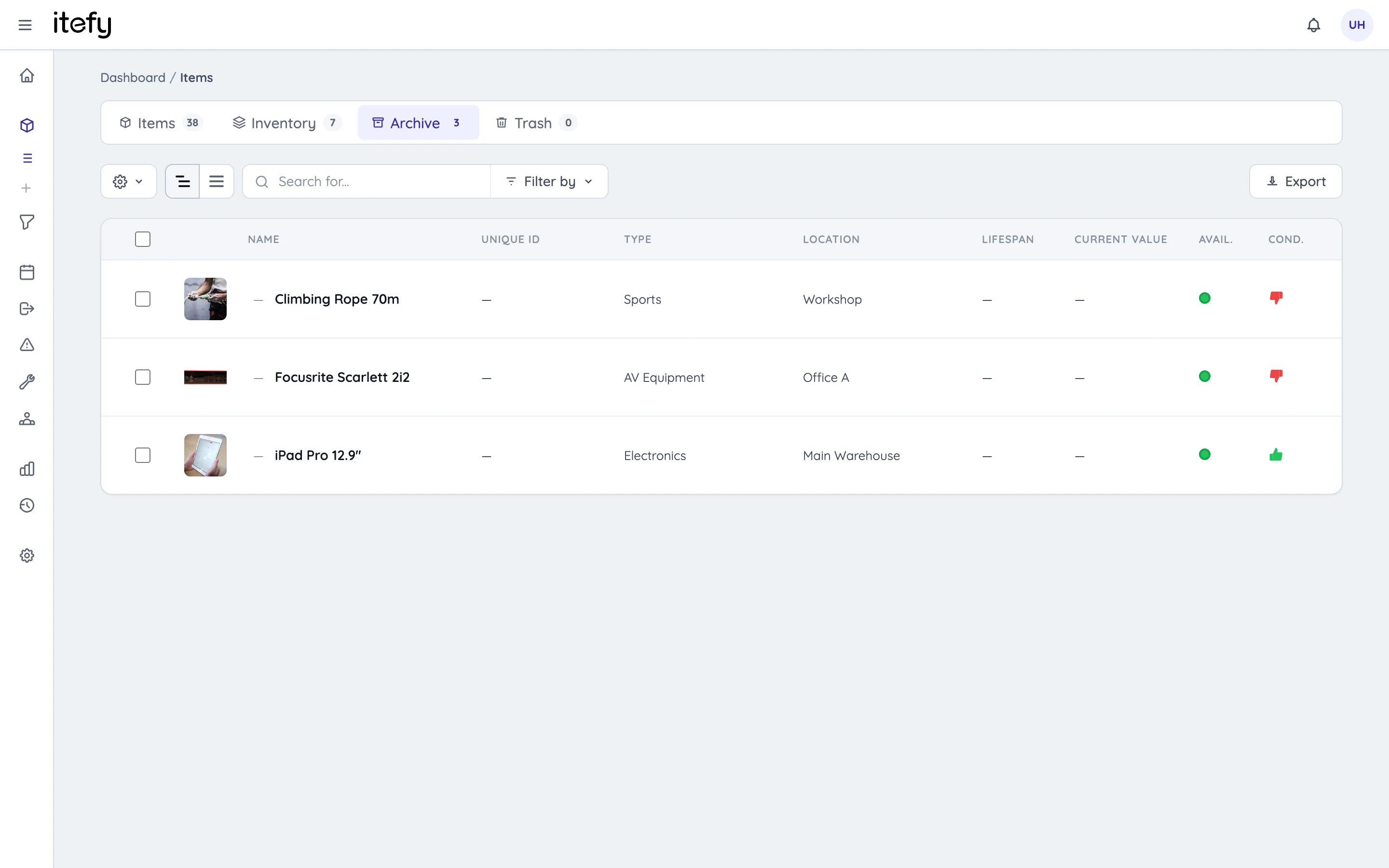Archive tab on the items page listing archived items