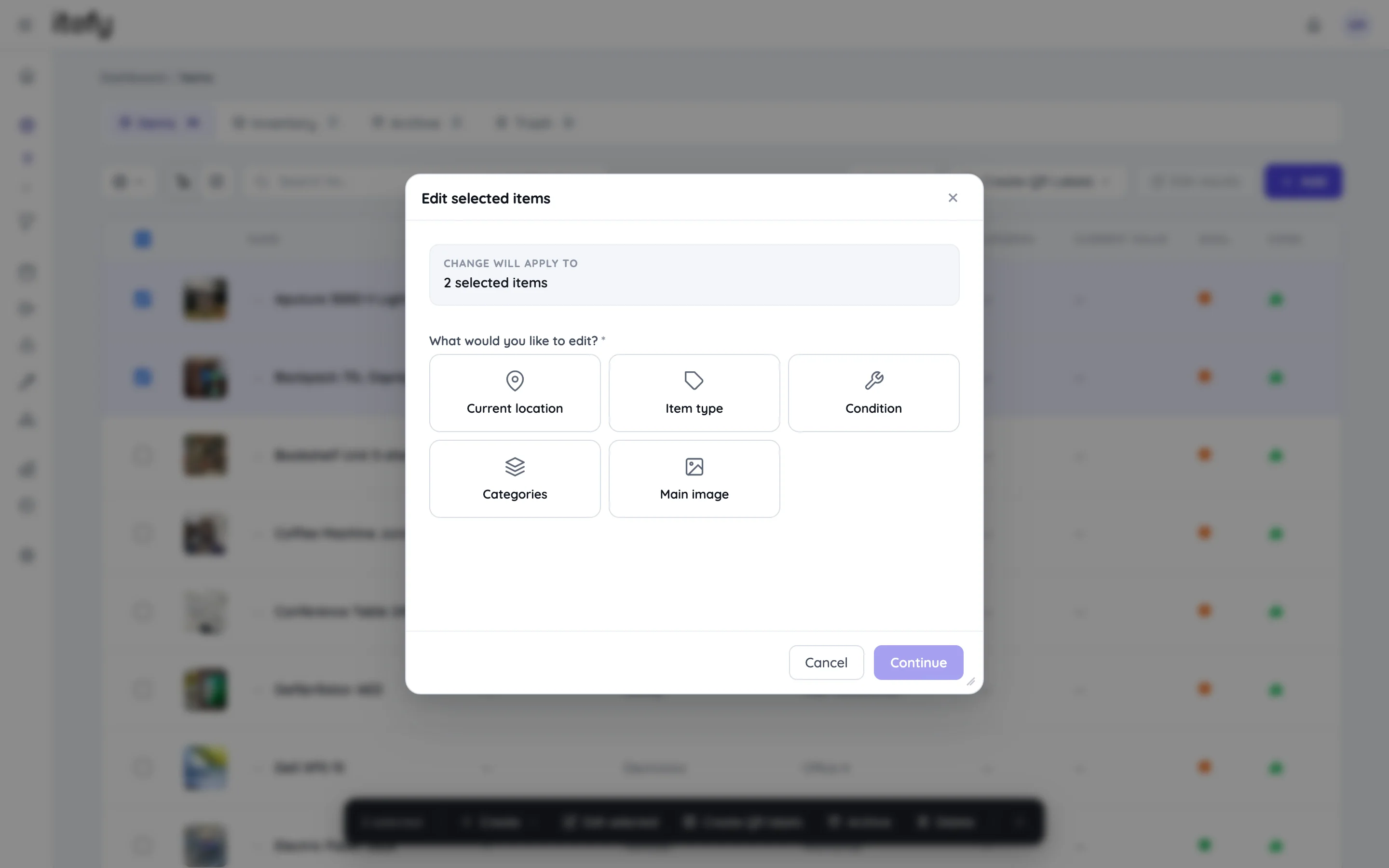 Batch edit dialog with cards for the fields that can be changed: location, type, condition, categories and main image