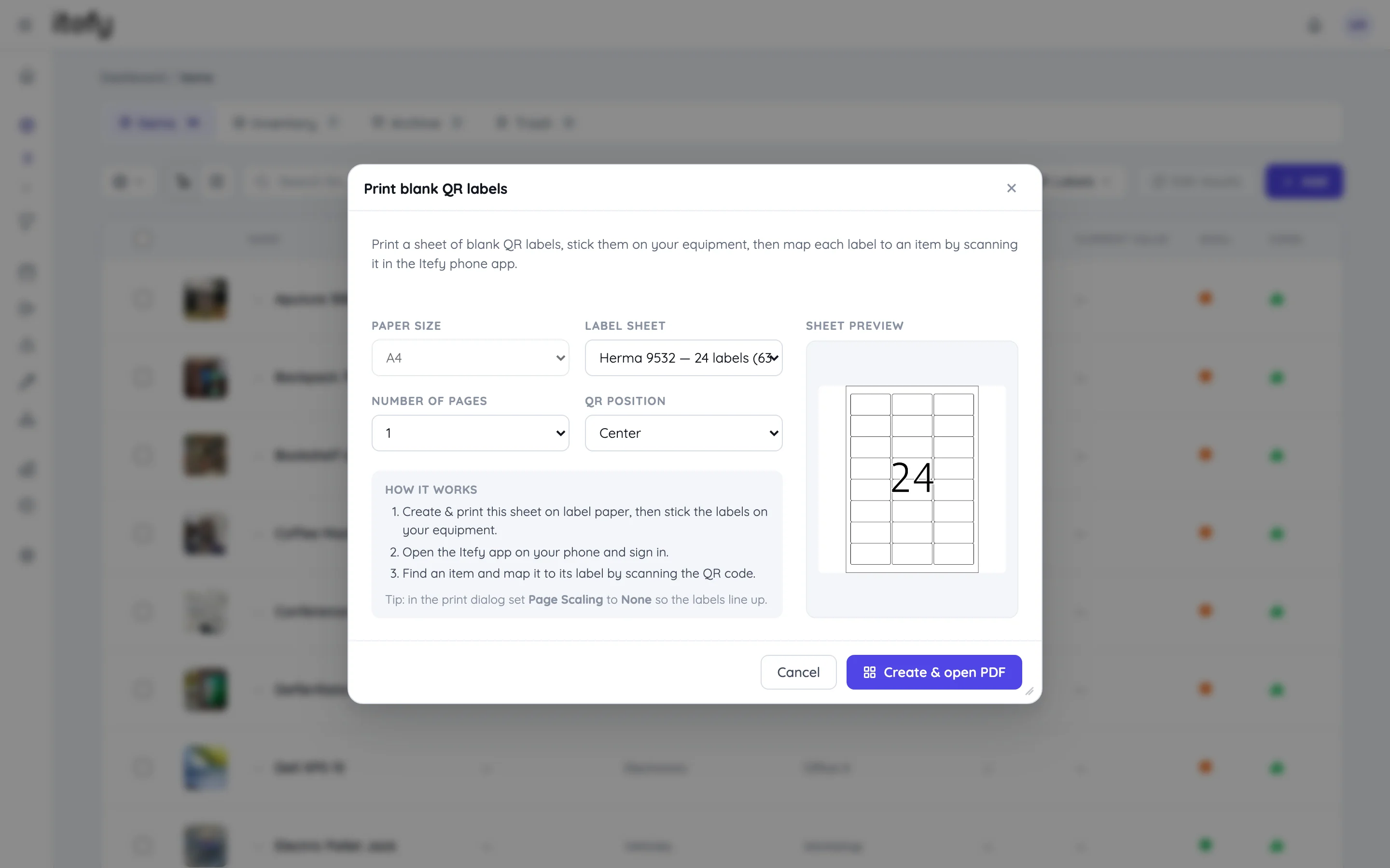 Create QR labels dialog set to print blank labels for assigning to items later