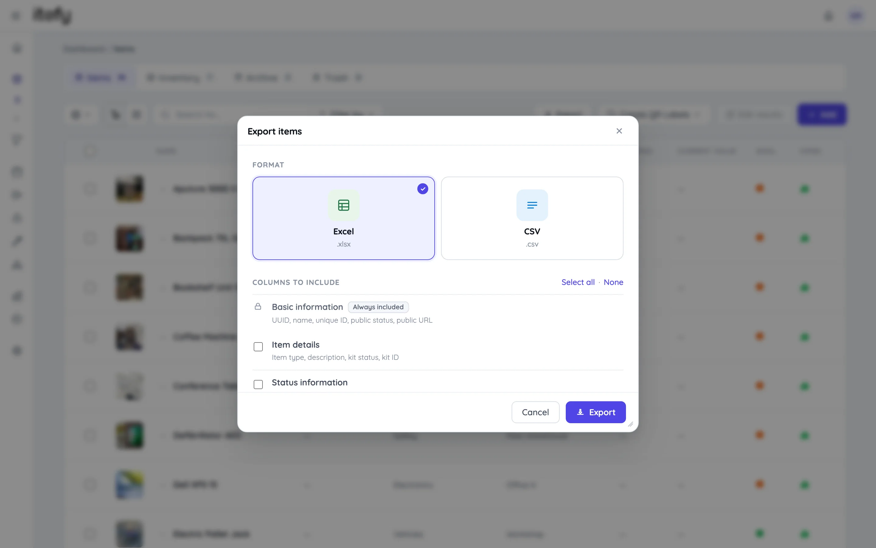 Export items dialog with file format options and a column checklist