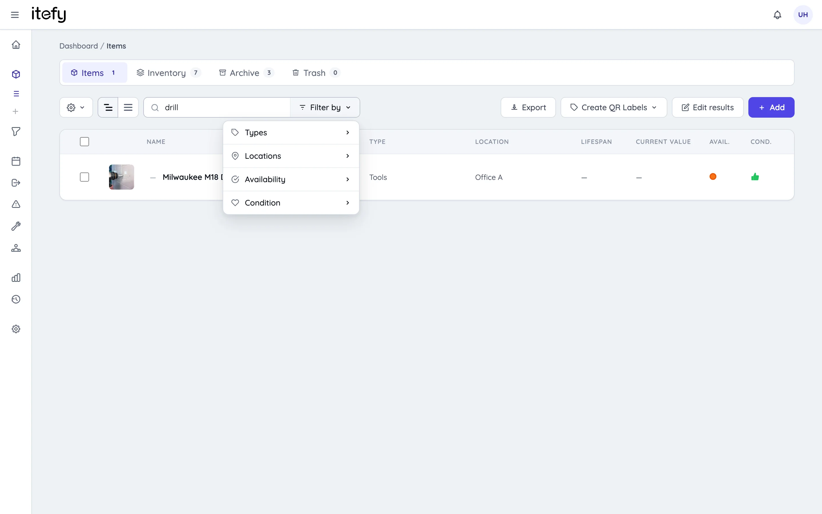 Items list with a search term entered and the filter dropdown open