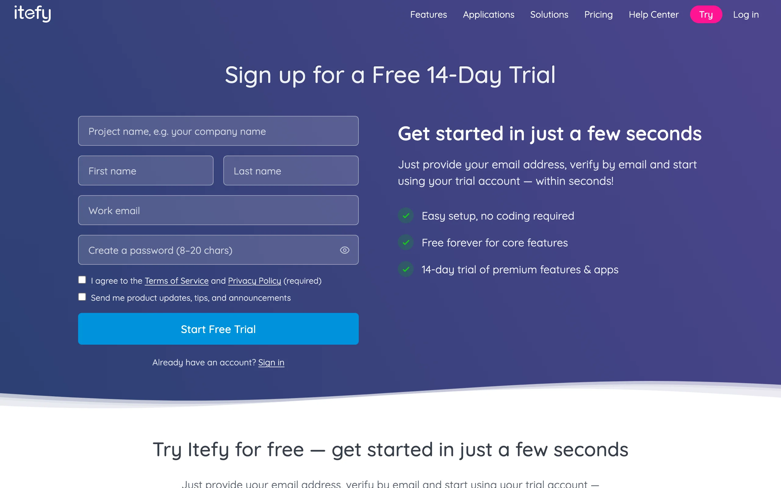 Itefy sign-up form asking for name, email and password