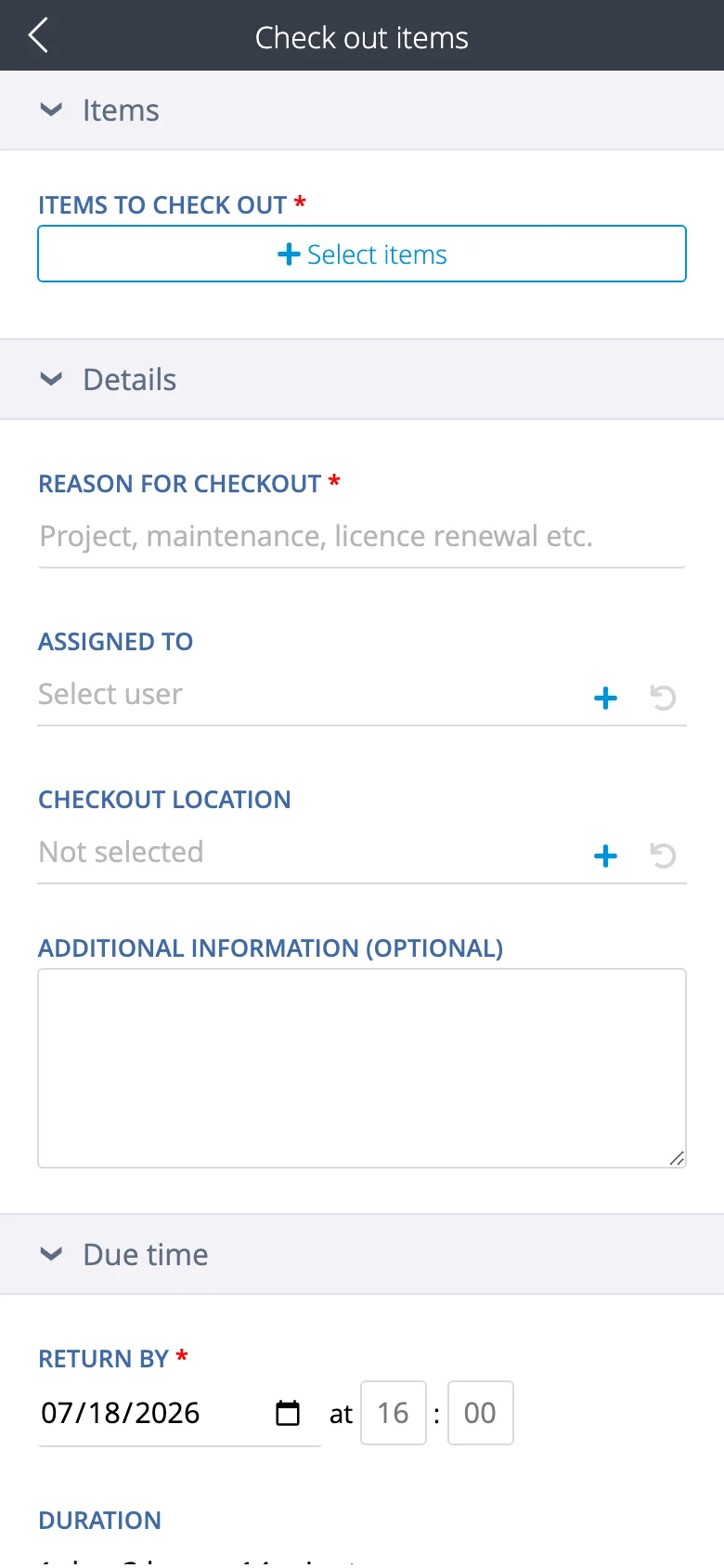 Itefy Go new checkout form with item selection, purpose field and due time