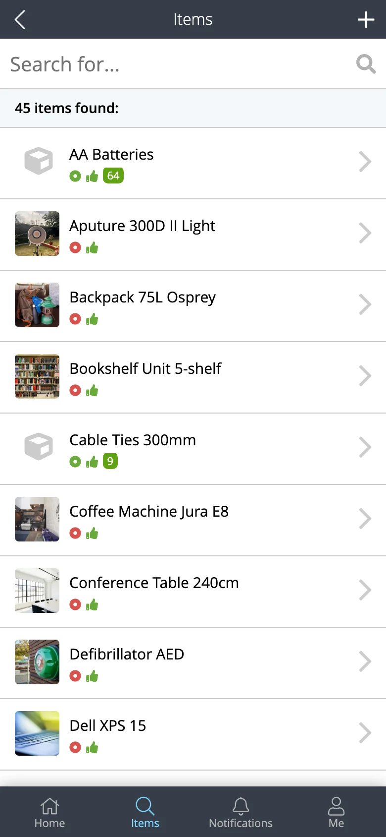 Itefy Go items list on a phone with item pictures, availability dots and a search field