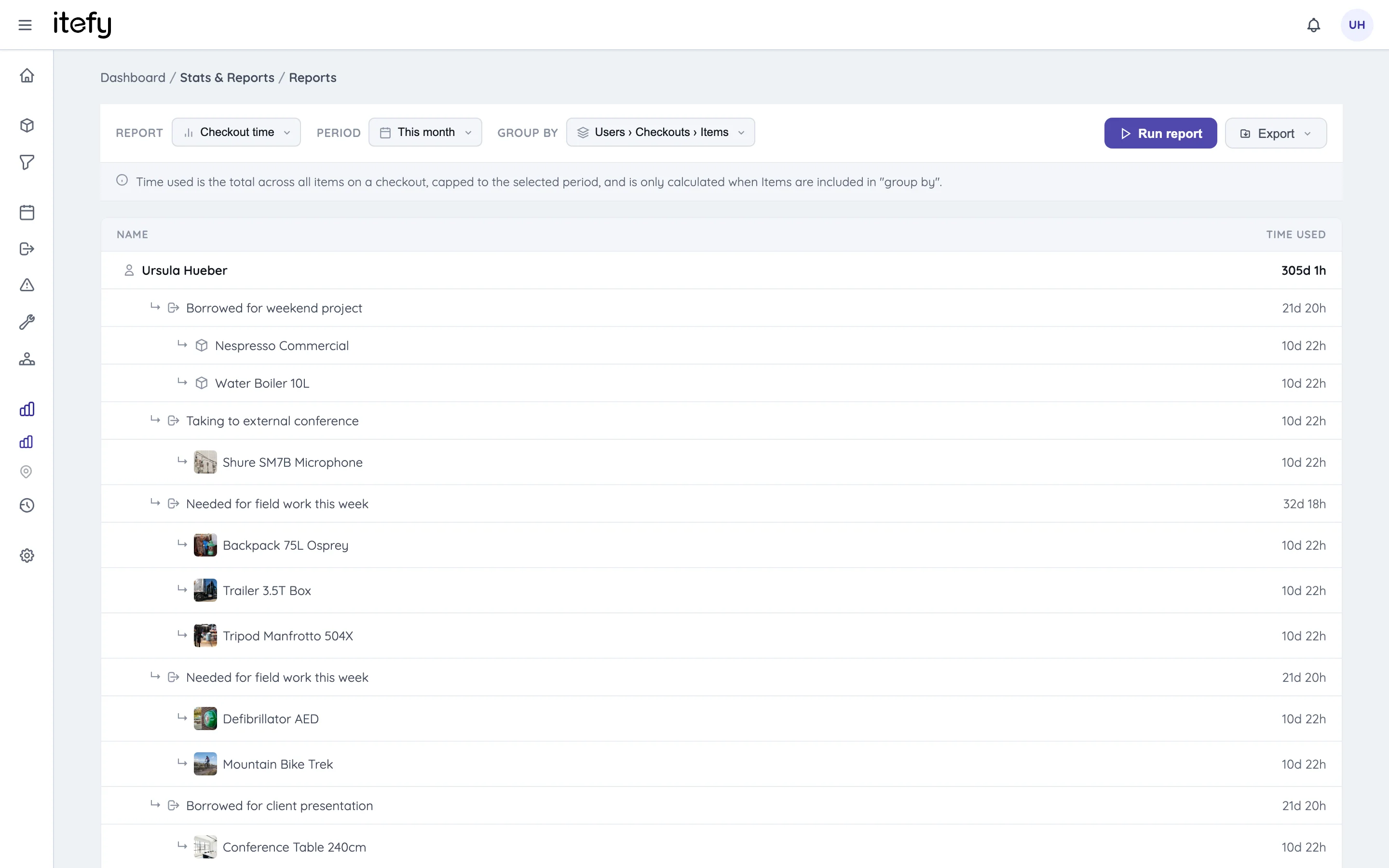 Reports page showing a generated report table, with toolbar controls for report type, date range and grouping